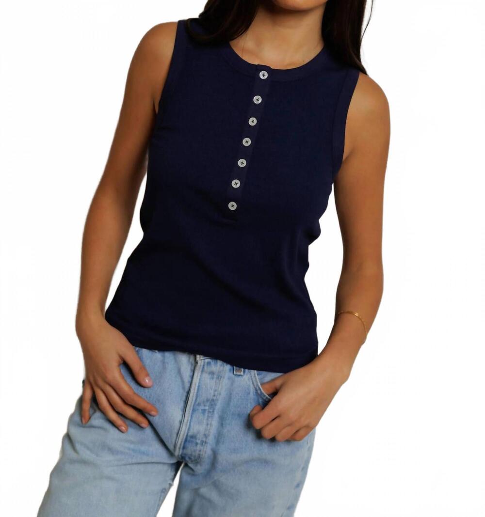 NEW PERFECTWHITETEE loretta quarter button down rib tank top in navy